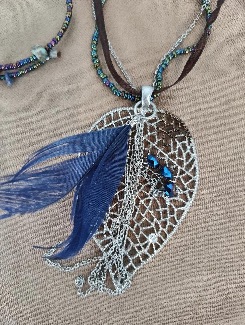 Bohemian Blue Feather Pendant Necklace with Beaded Bracelet Set